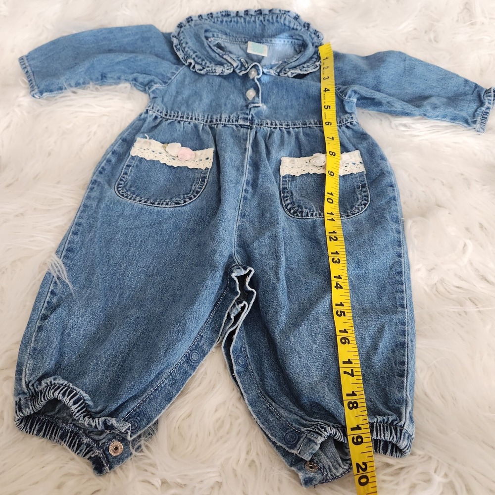 Vintage Baby Girl Denim Overall 6M Rose Lace Snap on Class Club 100% Cotton - Picture 6 of 8